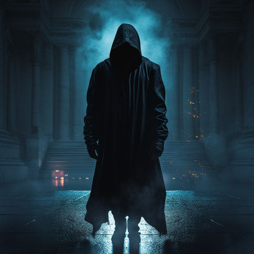 The hooded man standing up in the air