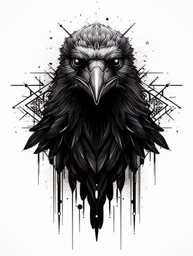 Ancient black crow, intricate geometric tattoo style