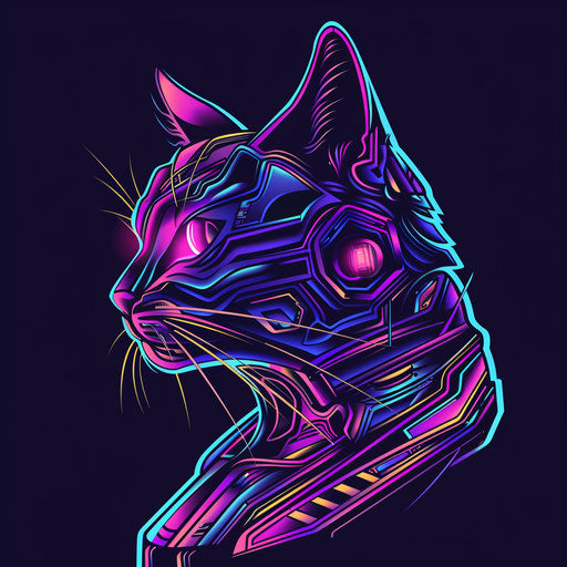 Futuristic sketch of a robotic cat in chrome and neon, flat design