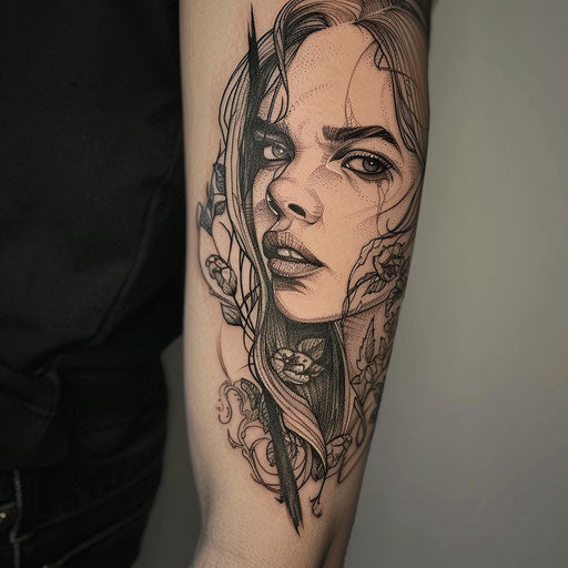 Forearm tattoos for women in the style of David Palumbo with dark fantasy elements