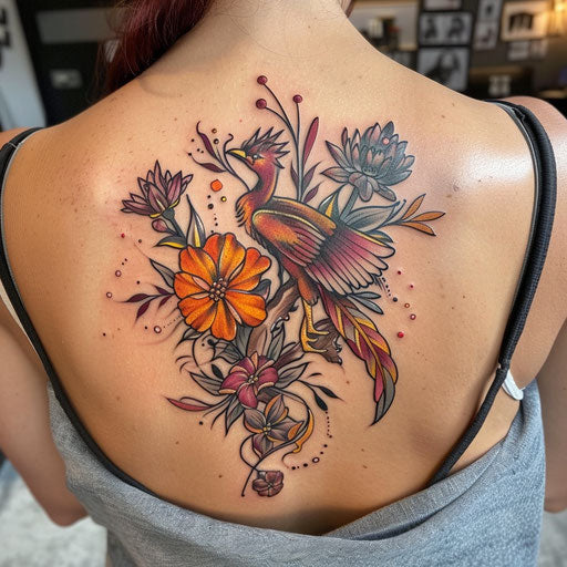 Wildflower tattoo with phoenix, fiery colors, dynamic composition, mythical