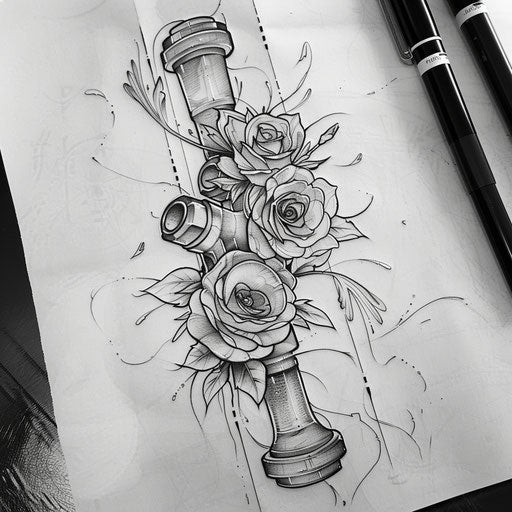 Elegant flat tattoo sketch of a piston intertwined with delicate floral patterns