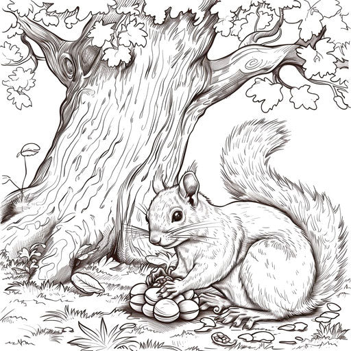 A cute squirrel gathering nuts beneath a large oak tree. Coloring book page