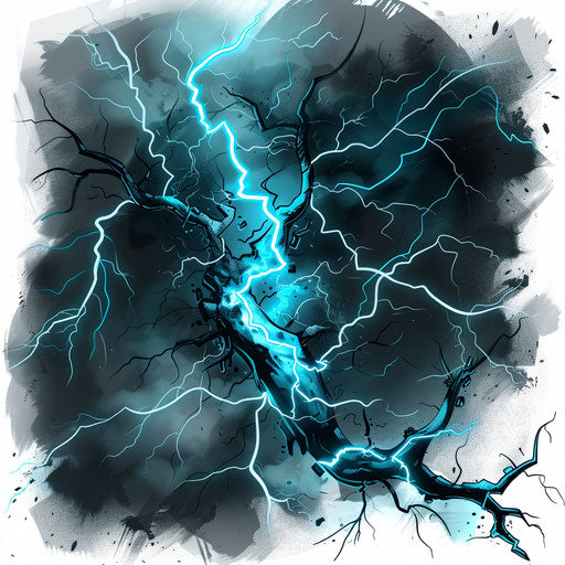 Bold tattoo sketch of a thunderstorm with lightning strikes, electric blue and black