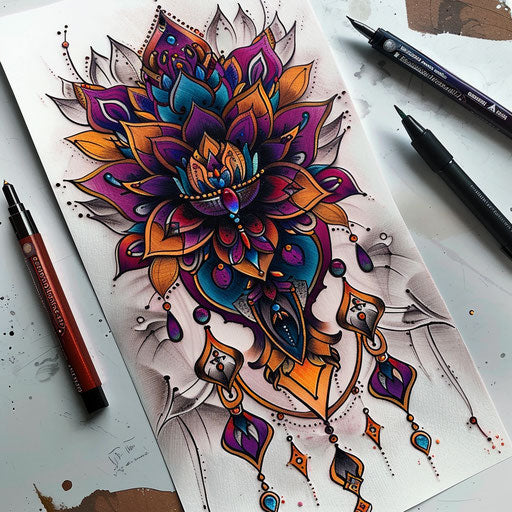 Neo-traditional tattoo sketch of summer henna designs