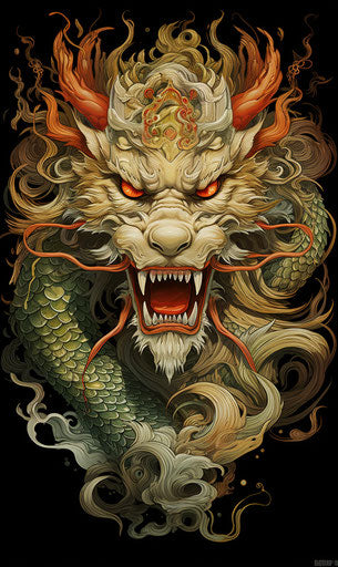 Chinese dragon in red, black and gold, franklin booth style