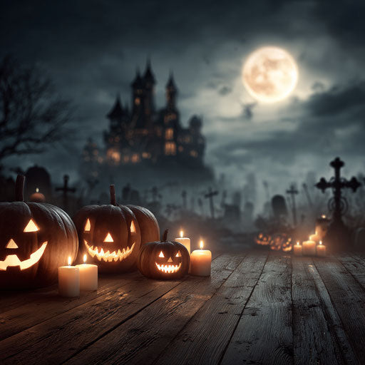 Classic Halloween Scene with Pumpkins and Castle