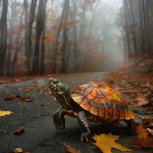 The turtle of autumn leaves in the misty forest