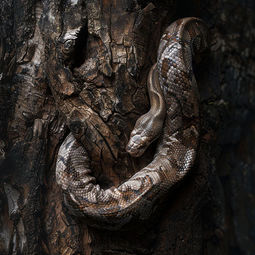 Coiled python snake around a tree trunk