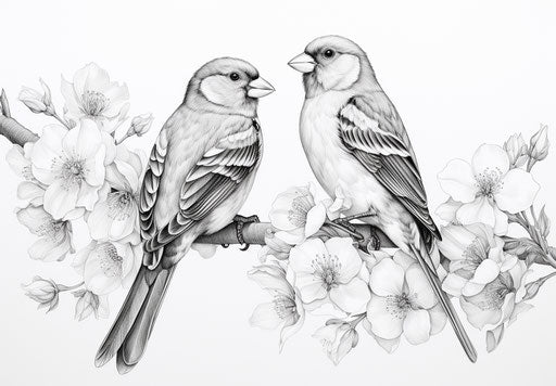 Two goldfinches on flower leaves