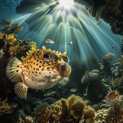 Puffer fish patrolling the reef with dramatic light beams