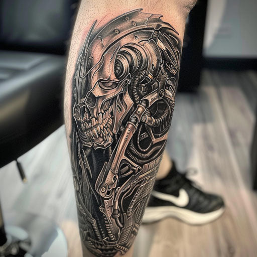 Biomechanical tattoo in dark fantasy style