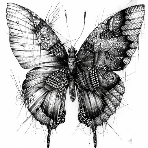Enchanting geometric tattoo pattern of a butterfly on white