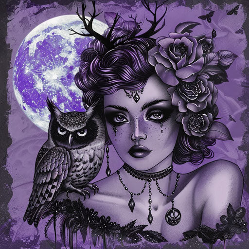 Eerie flat tattoo sketch of Venus with an owl at night, purples and blacks, clipart style