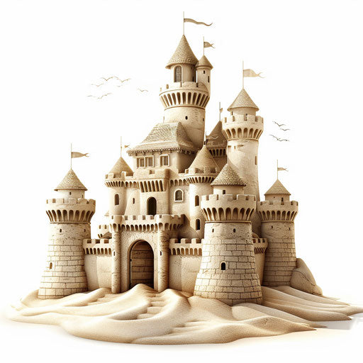 Realistic sandcastle clipart on flat white background