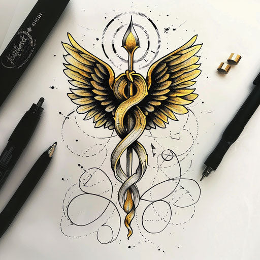 Elegant sketch of a caduceus symbol in black and gold