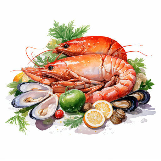 Seafood clipart in the style of oil painting, on white background