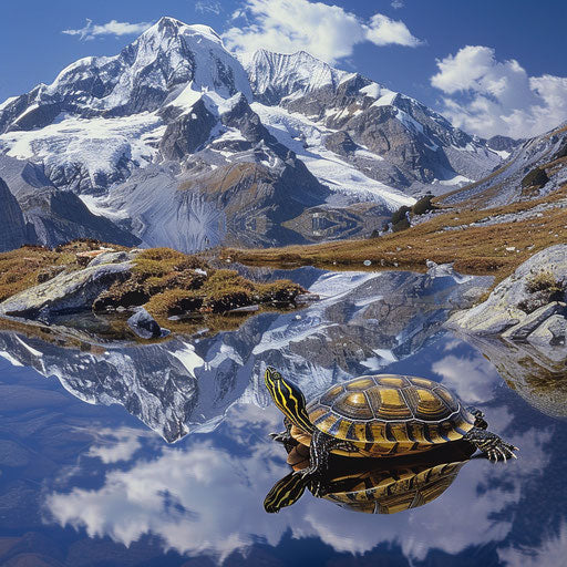 Yellow spotted turtle admiring reflection in alpine lake with snow-capped mountains