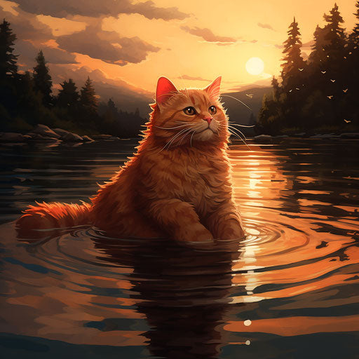 Orange cat swimming in a lake by the shore