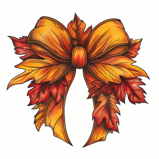 Seasonal bow tattoo sketch with autumn leaves pattern