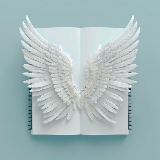 Diary clipart in photo realistic style with a flat random background, monochrome palette and detailed wings