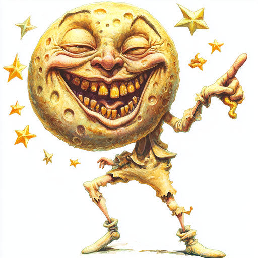Humorous caricature of a moon and stars with human characteristics, exaggerated grin teeth, long legs, playing with a toy, vibrant colors, cartoon style, pointing, high-resolution, no background, isolated