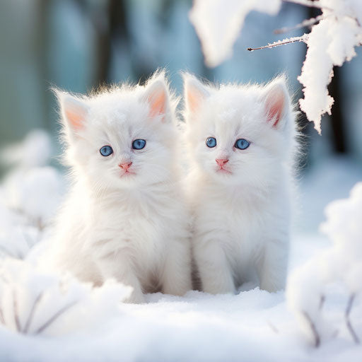 White kittens playing in the snow