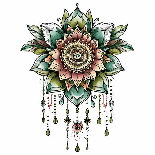 Bohemian clipart style flat tattoo sketch for a girly tattoo with mandalas and earthy green tones