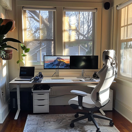 Home office setup with dual monitors, ergonomic chair, and modern desk