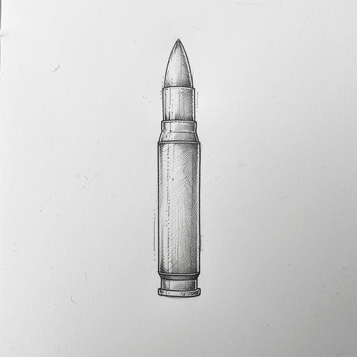 Flat tattoo sketch of a bullet with a minimalist outline and a shadow for depth