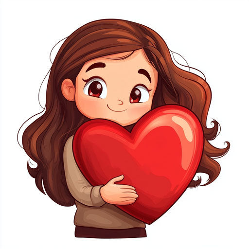 Valentine's Day, a cute, happy girl with wavy hair hugging a big heart, red and brown colors, clipart on a white background