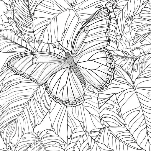 Butterfly on leaf in jungle. Coloring book page