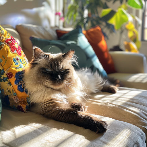 Himalayan cat in a sunlit room with colorful pillows