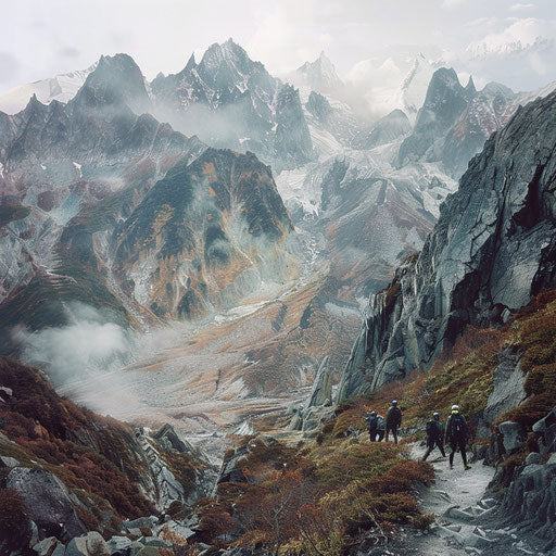 The Japanese Alps with climbers on a rugged trail