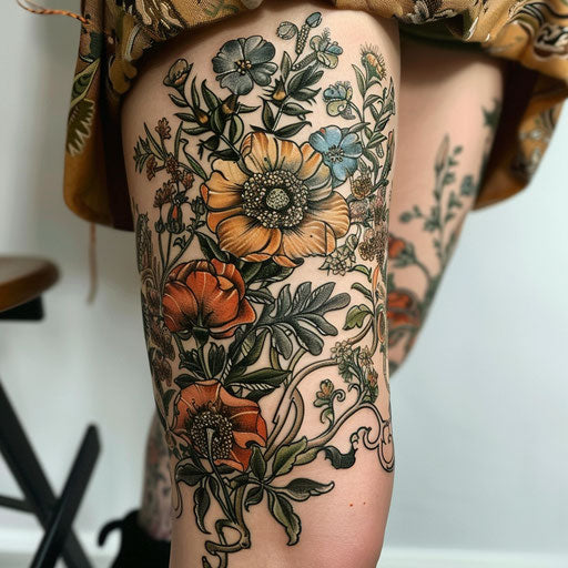 Knee tattoos inspired by Maria Sibylla Merian with floral designs