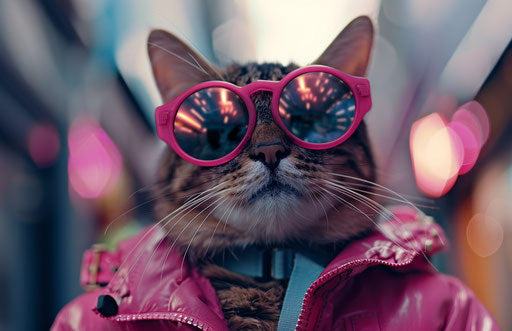 A cat in pink sunglasses and a jacket out in the calming techno-organic fusion style, amidst a heatwave, cloudcore vibes
