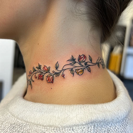 Tiny neck tattoos inspired by Maria Sibylla Merian with a small floral vine