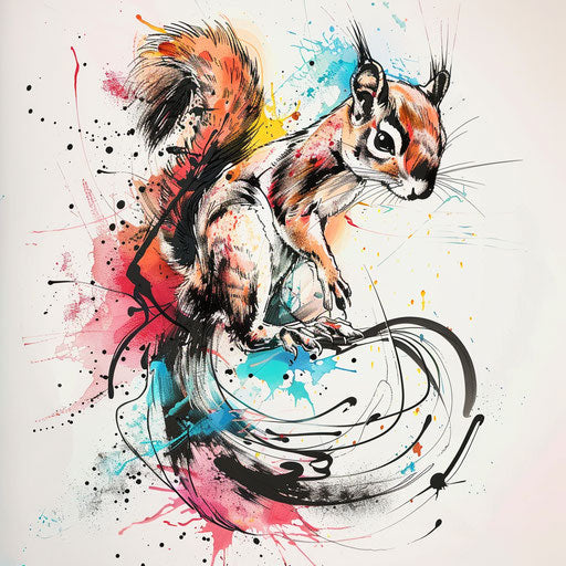 Dynamic flat tattoo sketch of a squirrel mid-leap with abstract color splashes