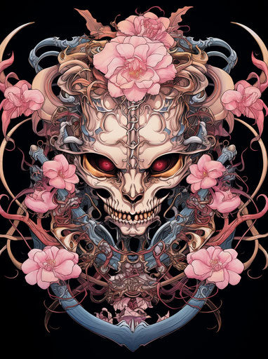 The tattoo of a demon, with a sword and a snake, in the style of light pink and dark bronze, colorful moebius, traditional craftsmanship