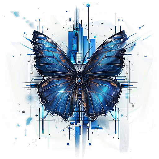 Futuristic flat tattoo sketch of a blue butterfly with metallic shades and digital glitches