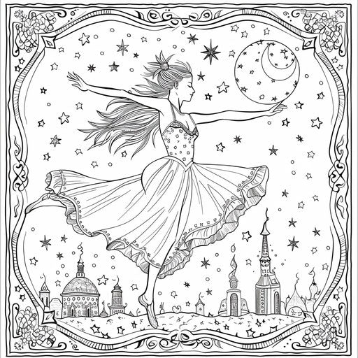 Whimsical dancer in a fantasy setting with stars and moons