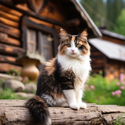 Calico cat in front of a log cabin