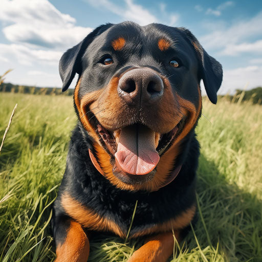 The rottweiler sitting in a field is smiling