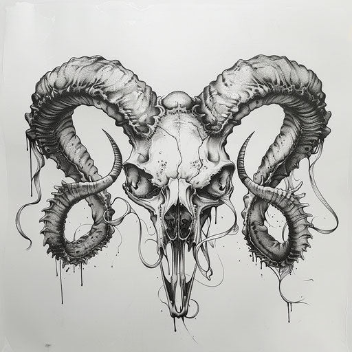 Animal skull with long twisting horns, blend of natural and fantastical elements