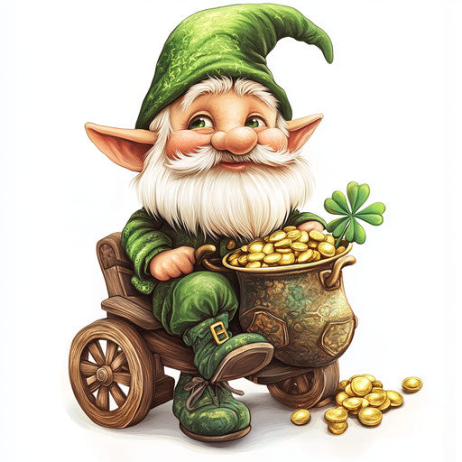 St. Patrick's Day, a cute gnome sitting on wheels with a pot of gold and a shamrock