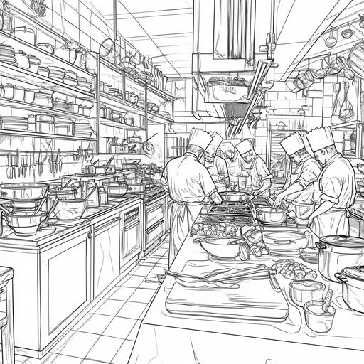 Lively modern kitchen with chefs cooking, Mark Schultz style