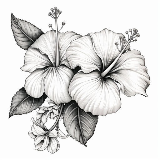 Black and white drawing of hibiscus flower in the style of cherry blossoms