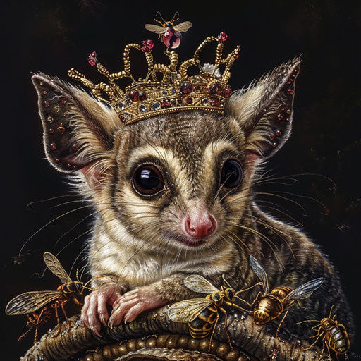 A royal sugar glider with a tiny crown ruling over a kingdom of insects