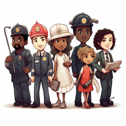 Illustrations of community helpers in the style of Chiaroscuro Art, on white background