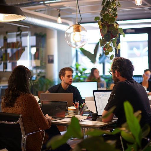 Developers team in sprint review in agile workspace